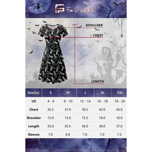 Women's Halloween Dress for Women Short Sleeves Printed Vintage Style Skeletons - Picture 6 of 6